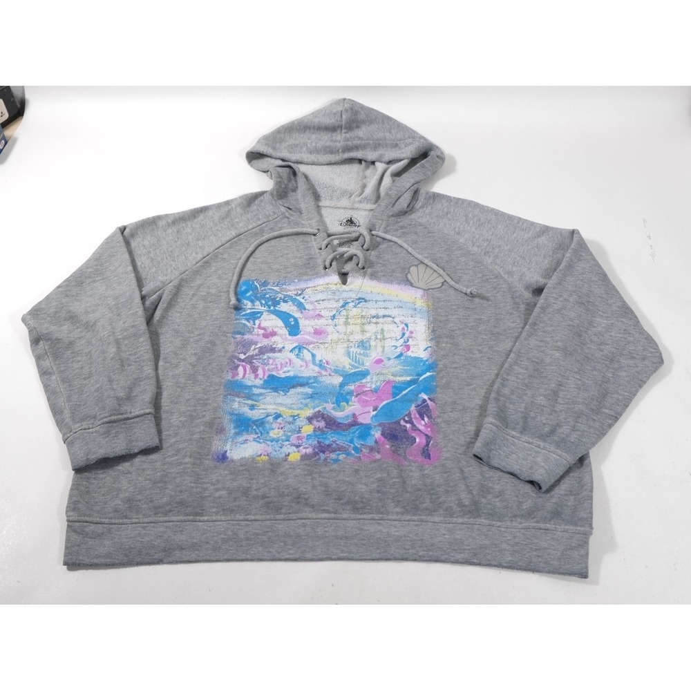 Disney Hoodie Womens 1X Gray Little Mermaid Ariel Lace Up Graphic Pullover Sweat